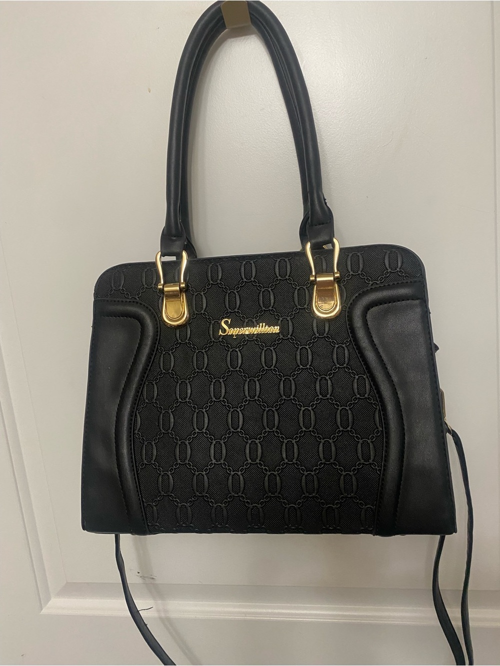 Soperwillton Black Satchel Handbag with Gold Accents